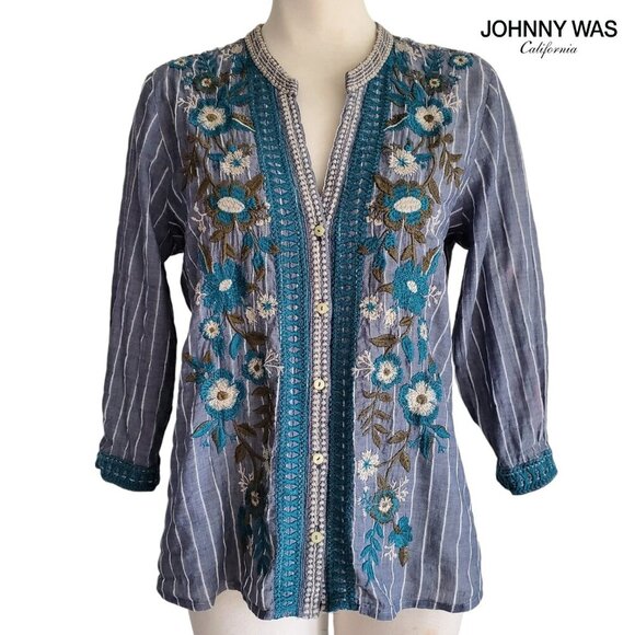 Johnny Was Tops - Johnny Was Workshop Whitney Stripe Nilo V-Neck Button Down Blouse S